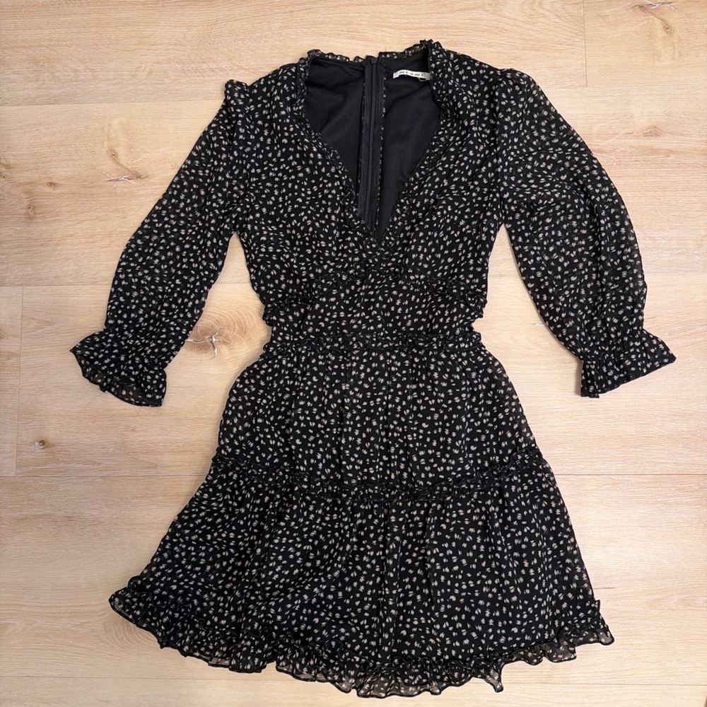 Black and white spotted Ruffle V-Neck Mini Dress